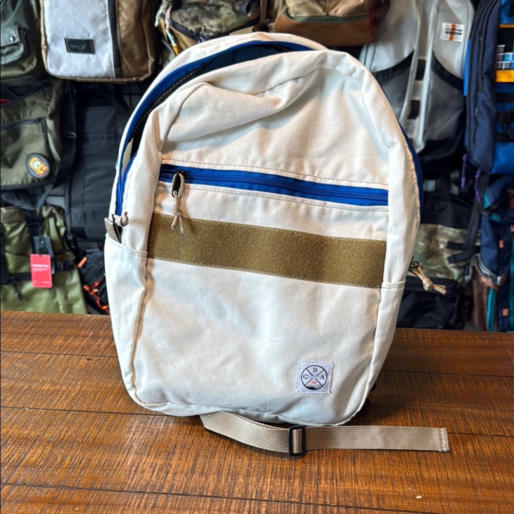 Cream and Blue Canvas One Strap Backpack with Minimalist Design